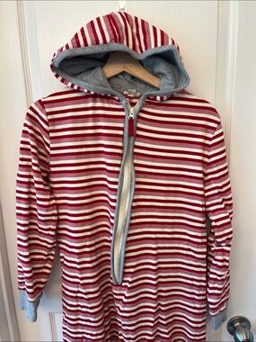 Adult Red and White Striped Hooded One-Piece Pajama